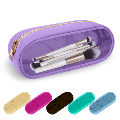 UIXIZQ Waterproof Small Pencil Case Makeup Bag for Purse,Cute Pencil Pouch Preppy Nylon Makeup Brush Holder with Zipper,Girls Portable Storage Case Small Pen Bag for Office(Slim-Black)