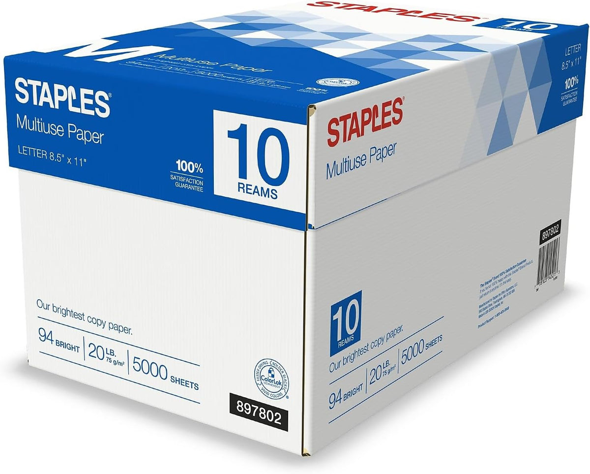 Staples Multiuse Copy Paper, 8.5x11 Inch, 20 lb., 94 Brightness, 5 Reams