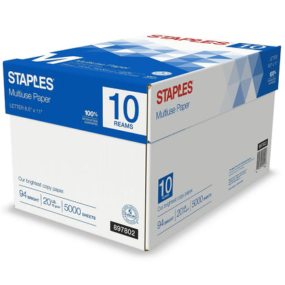 Staples Multiuse Copy Paper, 8.5x11 Inch, 20 lb., 94 Brightness, 5 Reams