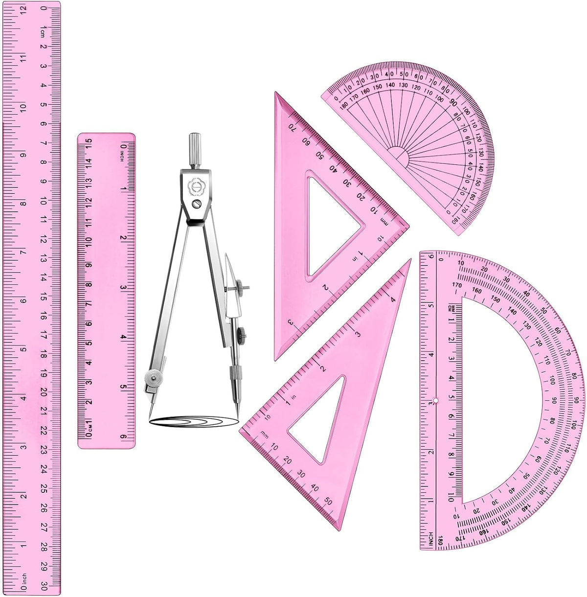 Zonon 7 Pcs Geometry Set with Drawing Compas, 6&4 Inch Protractors, Pink