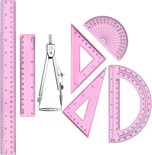 Zonon 7 Pcs Geometry Set with Drawing Compas, 6&4 Inch Protractors, Pink