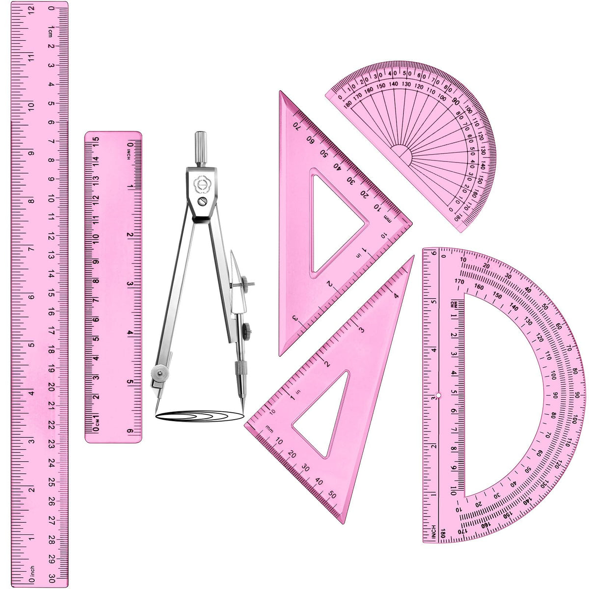 Zonon 7 Pcs Geometry Set with Drawing Compas, 6&4 Inch Protractors, Pink