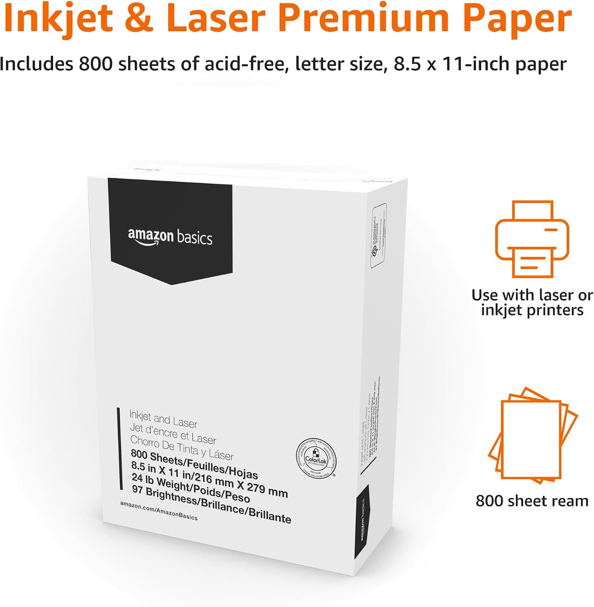Amazon Basics Multipurpose Copy Printer Paper, 8.5 x 11 Inches, 24 lb Weight, 97 Brightness, White, 800 Sheets (1 Mega Ream), for Inkjet and Laser, Copy & Print