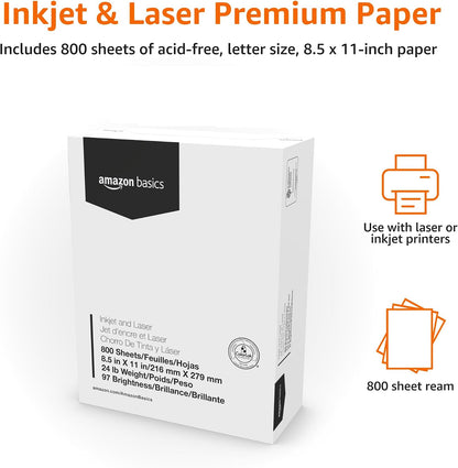Amazon Basics Multipurpose Copy Printer Paper, 8.5 x 11 Inches, 24 lb Weight, 97 Brightness, White, 800 Sheets (1 Mega Ream), for Inkjet and Laser, Copy & Print