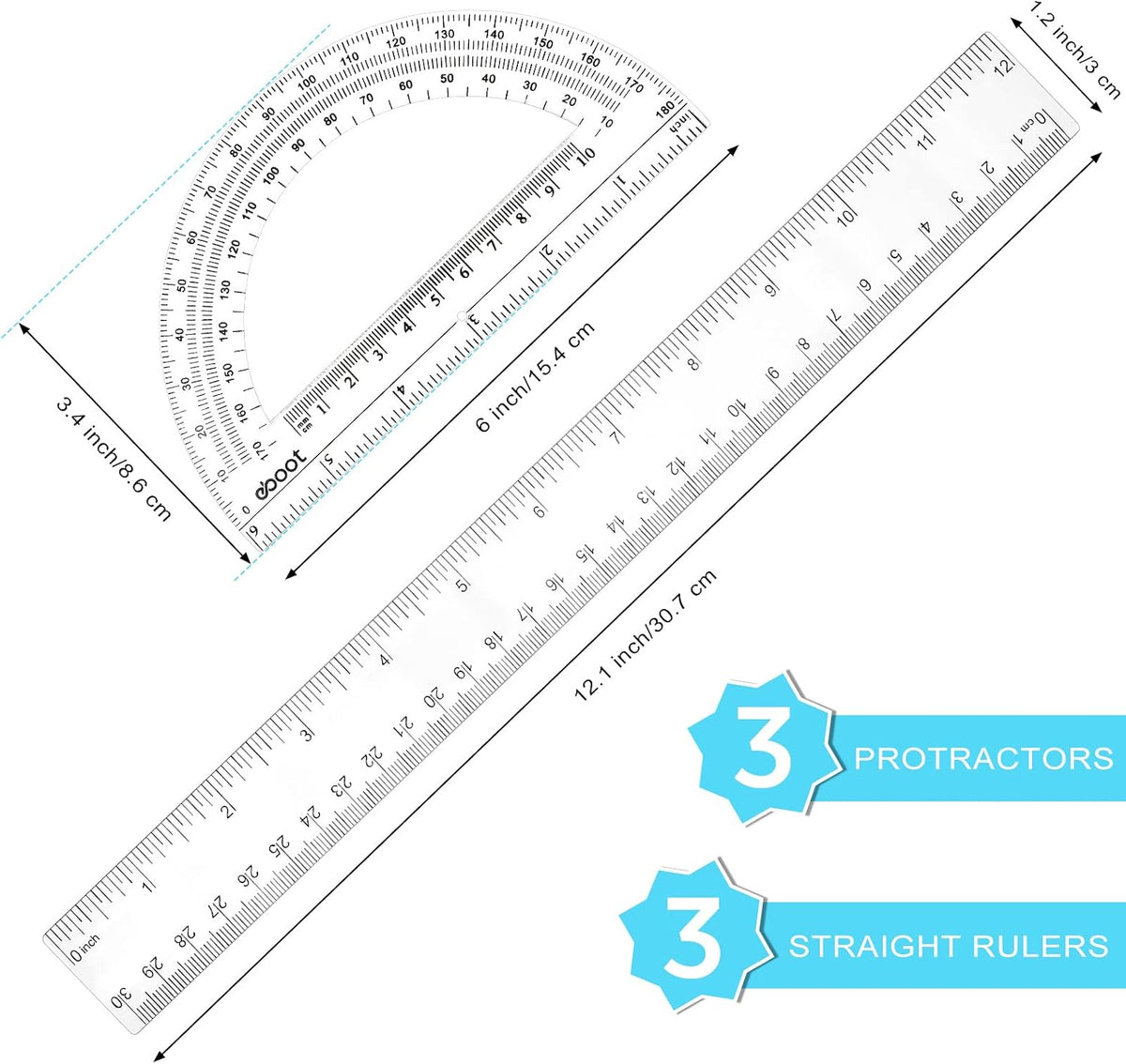 Zonon 6 Packs 12 Inch Plastic Ruler and 6 Inch Protractor Set, Clear Geometry Math Set, Transparent Ruler Supplies for Back to School, Classroom and Student School Supplies, Office Drawing