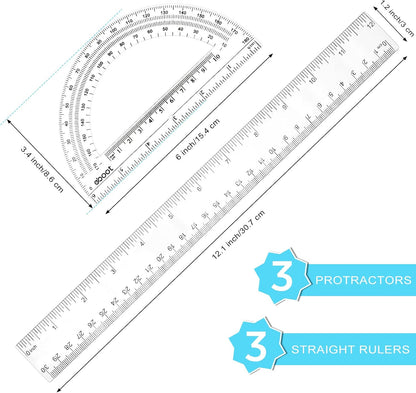 Zonon 6 Packs 12 Inch Plastic Ruler and 6 Inch Protractor Set, Clear Geometry Math Set, Transparent Ruler Supplies for Back to School, Classroom and Student School Supplies, Office Drawing