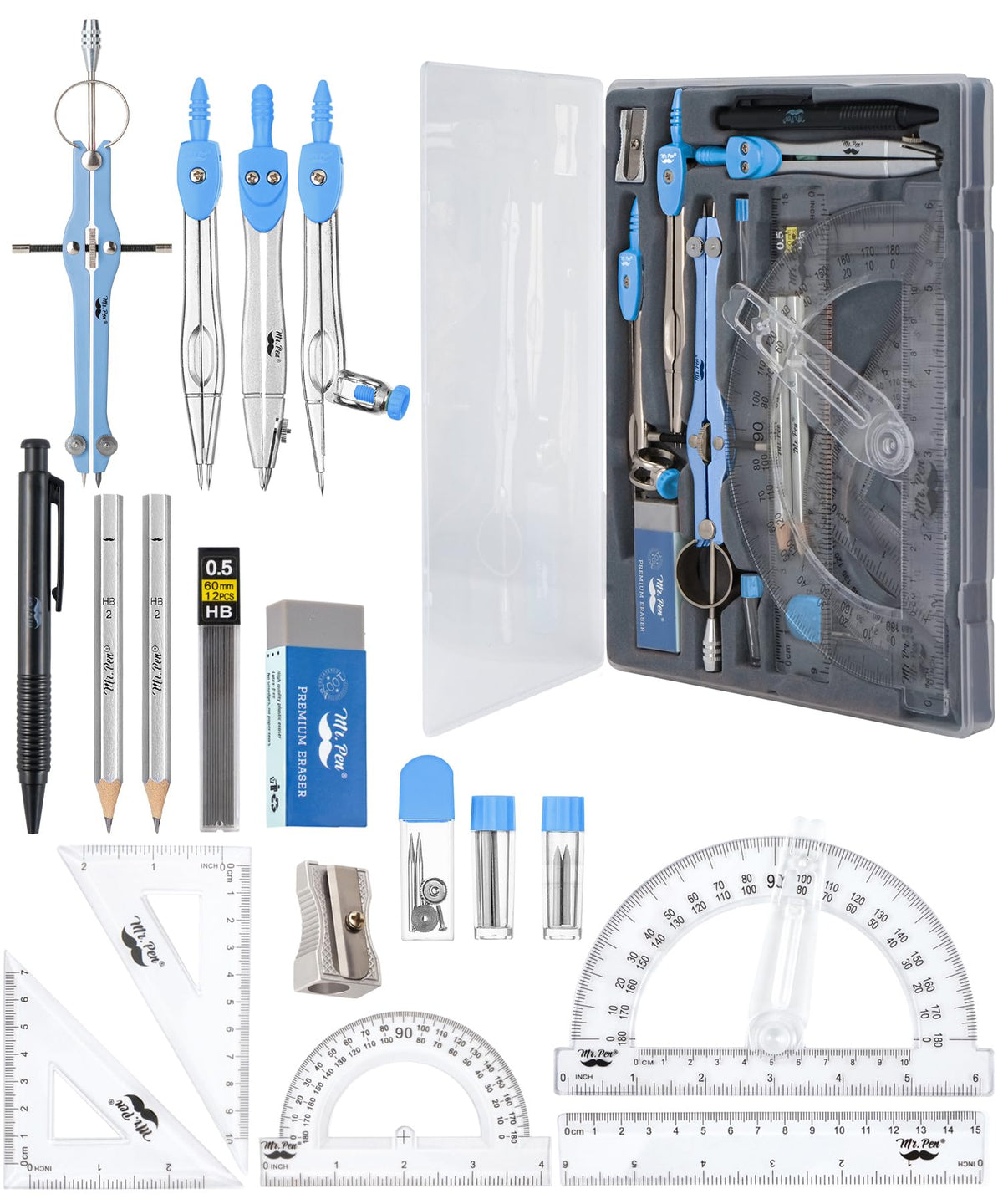 Mr. Pen- Geometry Set, 15 Piece Set with 6 Inch Swing Arm Protractor