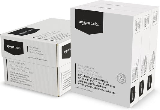 Amazon Basics Multipurpose Copy Printer Paper, 8.5 x 11 Inches, 24 lb Weight, 97 Bright White, 1500 Sheets (3 Packs of 500), for Inkjet and Laser