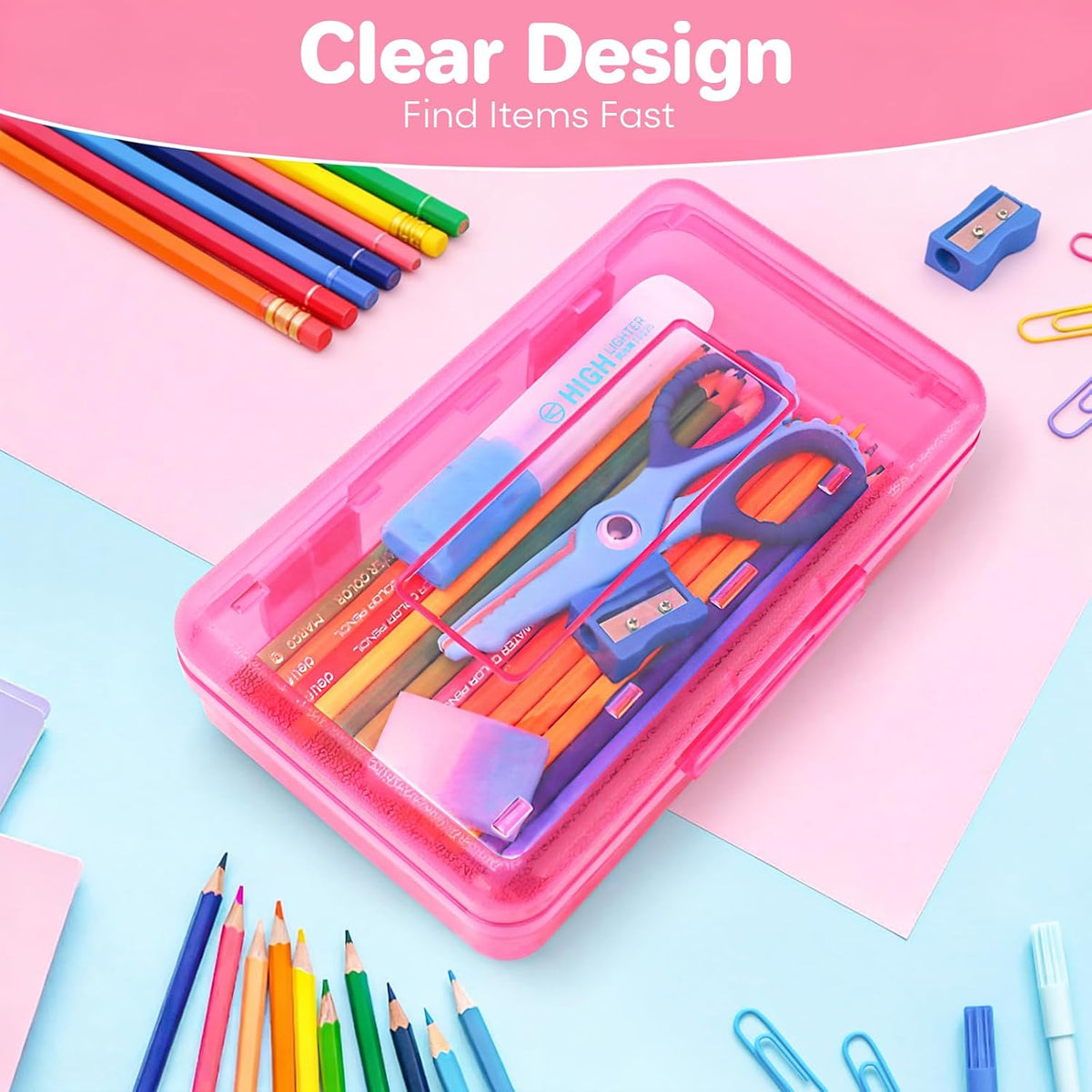 Plastic Hard Clear Color Pencil box Case for Girl Boy kids