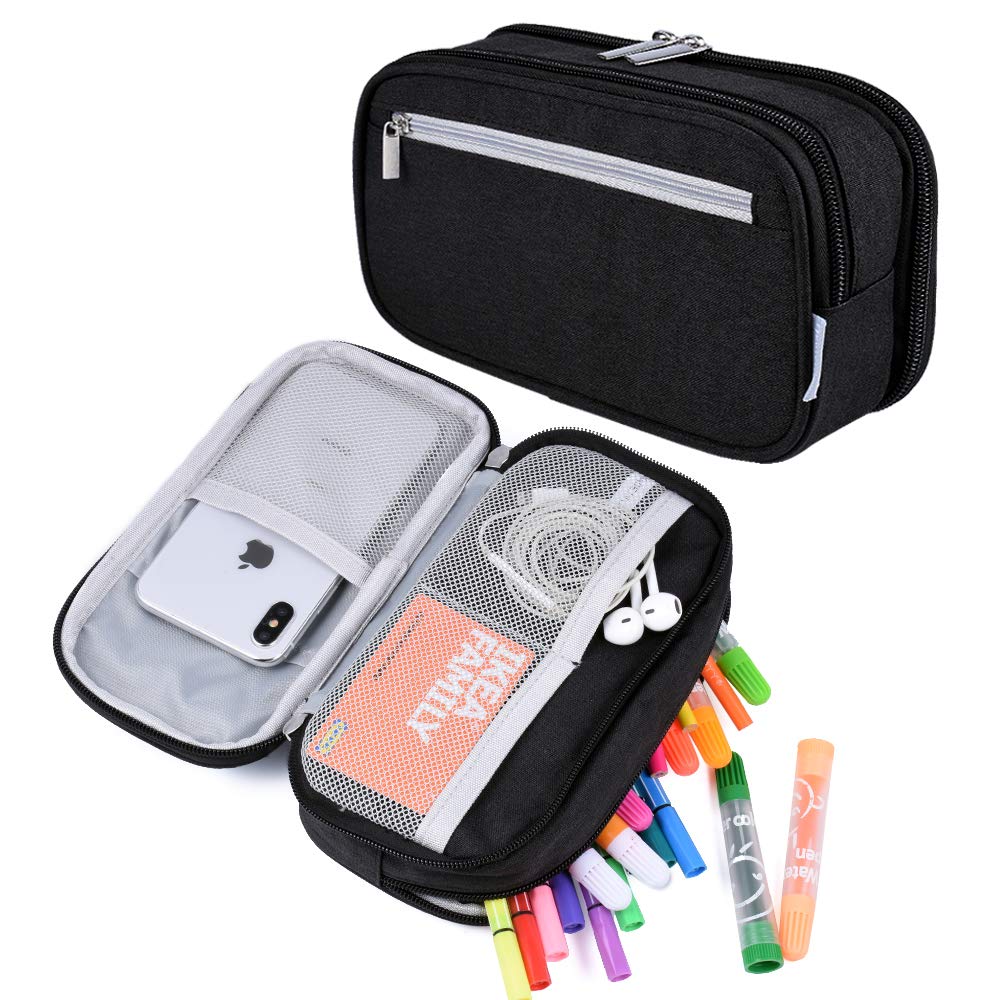 Large Capacity Pencil Case Big Storage Pencil Bag Pouch 3 Multifunctional Compartment Pen Marker Cases Holder Portable Office Stationery Organizer Supplies Makeup Bag, Black