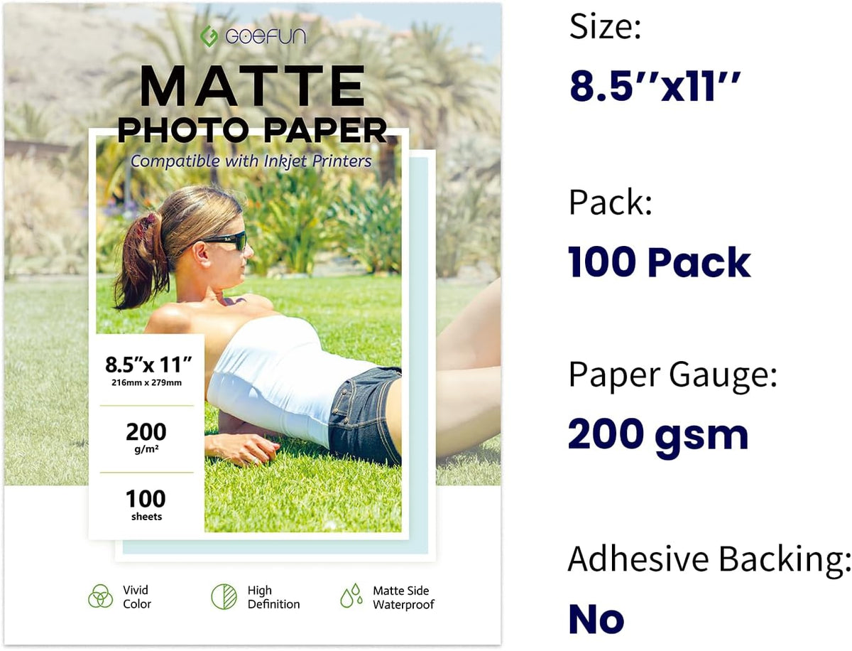 100 Sheets Matte Photo Paper 8.5x11, Goefun 54LB Inkjet Printer Paper