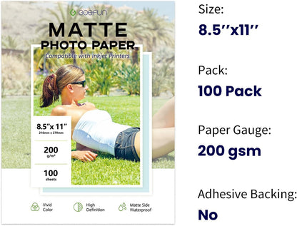 100 Sheets Matte Photo Paper 8.5x11, Goefun 54LB Inkjet Printer Paper