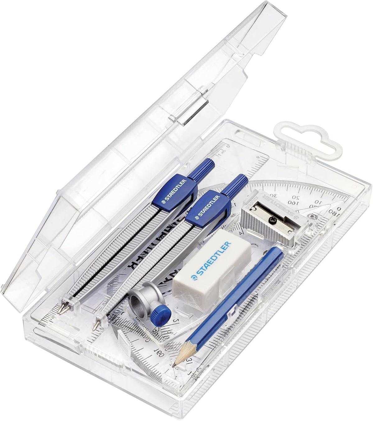 STAEDTLER School Kit Math Geometry Set - 10-Piece Compass, Protractor & Ruler Kit with Flip Open Storage Box - Clear Measuring Tools - Student Drawing Supplies