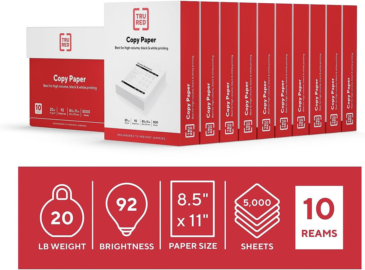 TRU RED by Staples Copy & Printer Paper, 8.5x11, 20lb, 92 Bright, 5,000 Sheets/Carton