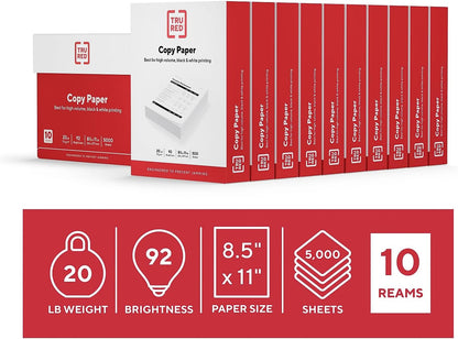 TRU RED by Staples Copy & Printer Paper, 8.5x11, 20lb, 92 Bright, 5,000 Sheets/Carton