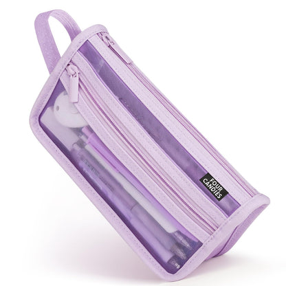 Four Candies Grid Mesh Pencil Case, Clear Double-layer with Handle (Purple)