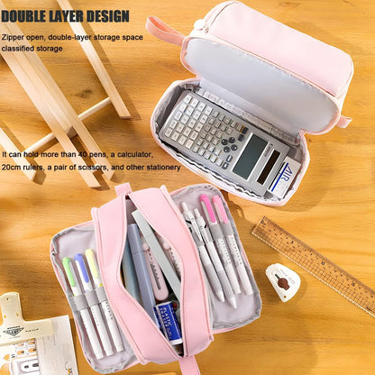 MAMUNU Large Capacity Pencil Case 4 Compartments, Pencil Pouch Bag with Zipper Portable Handle, Pen Case Bag Stationery Organizer for Office College School Adults Teen Girls Boys Men Women, Pink