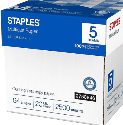 Staples Multiuse Copy Paper, 8.5x11 Inch, 20 lb., 94 Brightness, 5 Reams