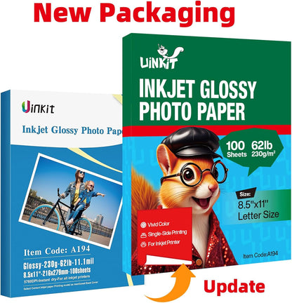 Uinkit 62lb Thick Glossy Inkjet Photo Paper, 8.5x11, 100 Sheets, 230gsm