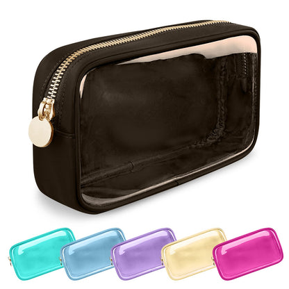 UIXIZQ Waterproof Small Pencil Case Makeup Bag for Purse,Cute Pencil Pouch Preppy Nylon Makeup Brush Holder with Zipper,Girls Portable Storage Case Small Pen Bag for Office(Slim-Black)