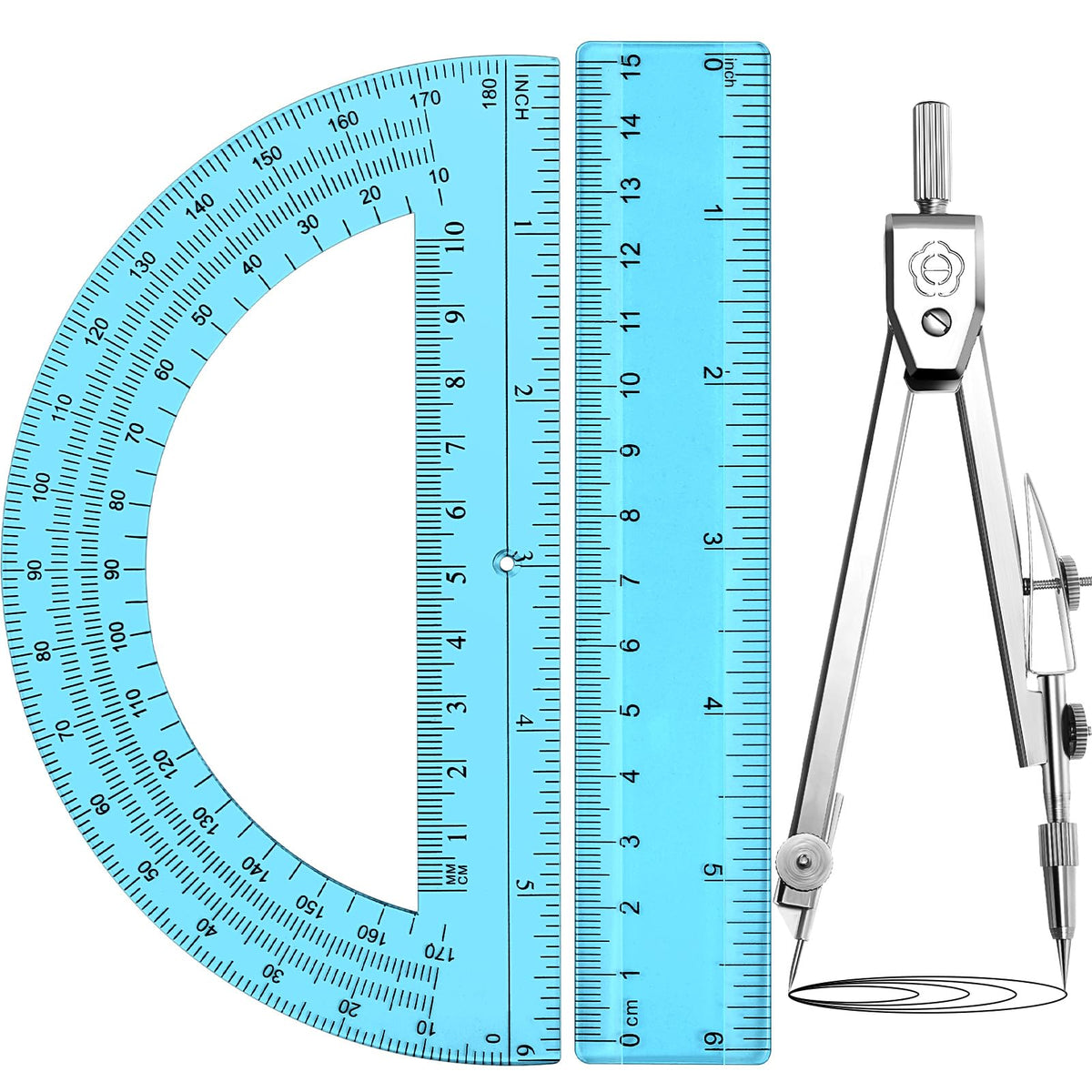 Zonon 3 Pcs 12" Clear Plastic Ruler 6 Inch Protractor Compass Set, Clear