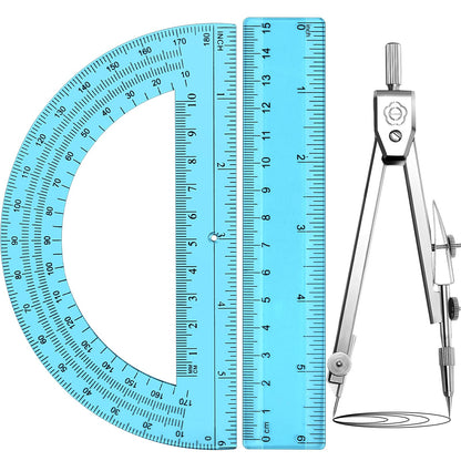Zonon 3 Pcs 12" Clear Plastic Ruler 6 Inch Protractor Compass Set, Clear