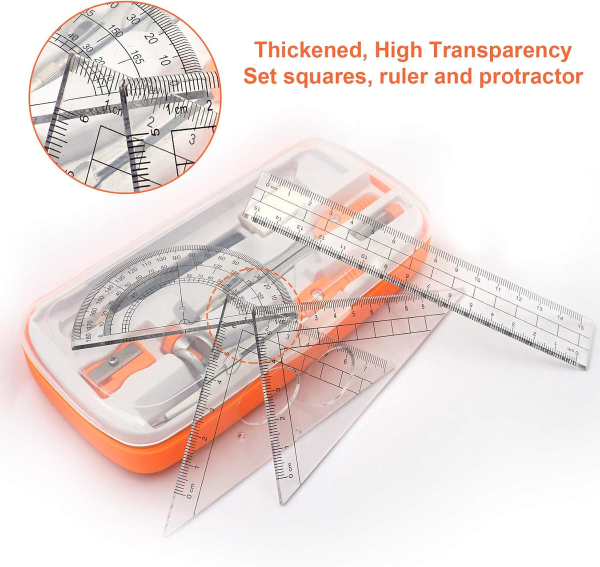 Akuoly Geometry Compass Set 2 Drafting Compasses with Maths Protractor Set Squares Ruler and More for Students Starters Homework etc. Orange