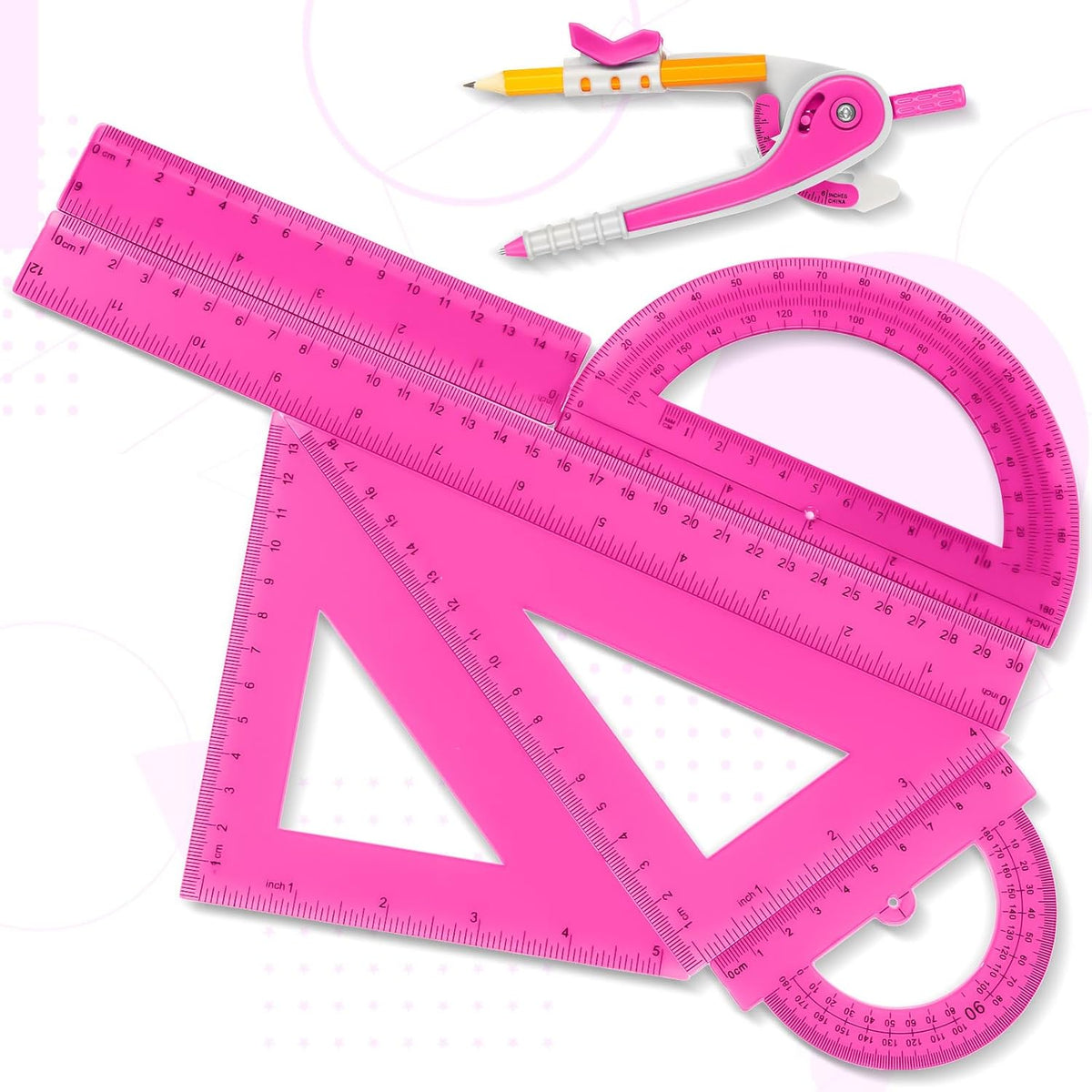 Zonon 7 Pcs Geometry Math Set with Compass Protractor Rulers, Pink