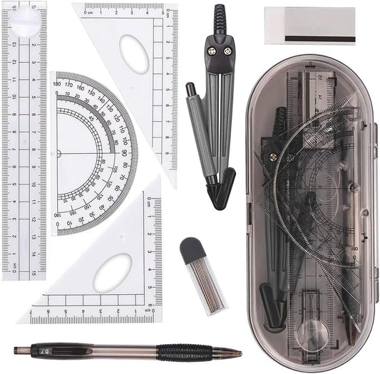 Math Geometry Kit Set 8 Pieces Student Supplies with Shatterproof Storage Box,Includes Rulers,Protractor,Compass,Pencil Lead Refills,Pencil,Eraser.for Students and Engineering Drawings