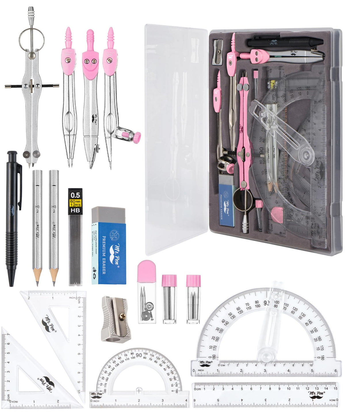Mr. Pen- Geometry Set, 15 Piece Set with 6 Inch Swing Arm Protractor