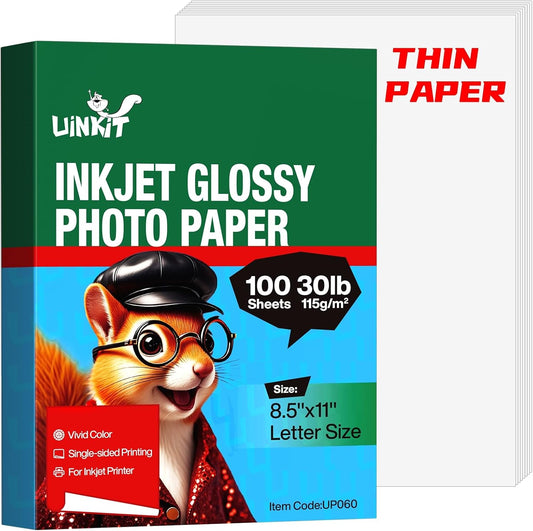 Uinkit 30lb Thin Glossy Inkjet Photo Paper, 8.5x11, 100 Sheets, 115gsm