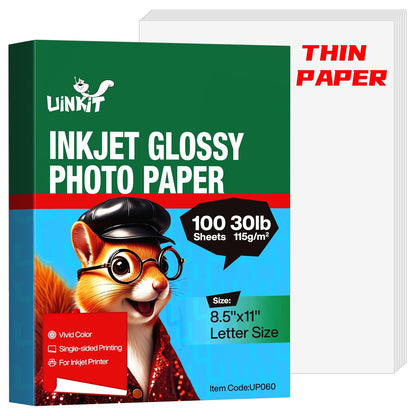 Uinkit 30lb Thin Glossy Inkjet Photo Paper, 8.5x11, 100 Sheets, 115gsm