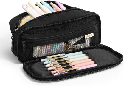 SUNEE Pencil Case, Large Capacity Pencil Pouch, Extra Big Pencil Bag with 6 Compartments, Durable Canvas Pencil Box for Office Stationery Organizer, Back to School Supplies for Teen Boys Girls, Black