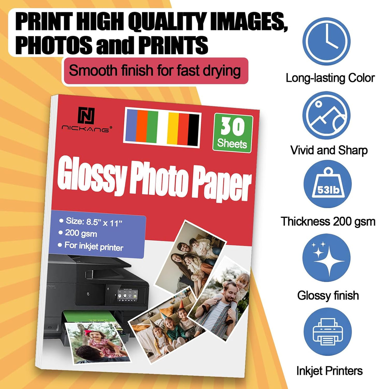 Glossy Photo Paper 8.5x11, 53LB/200GSM, Letter Size – 30 Sheets