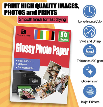 Glossy Photo Paper 8.5x11, 53LB/200GSM, Letter Size – 30 Sheets
