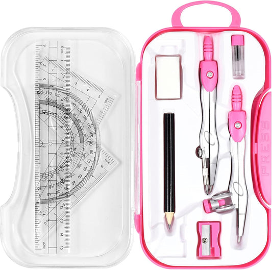 Unjoo Geometry Set 10 Pcs Student Supplies, Protractor and Compass (Pink）
