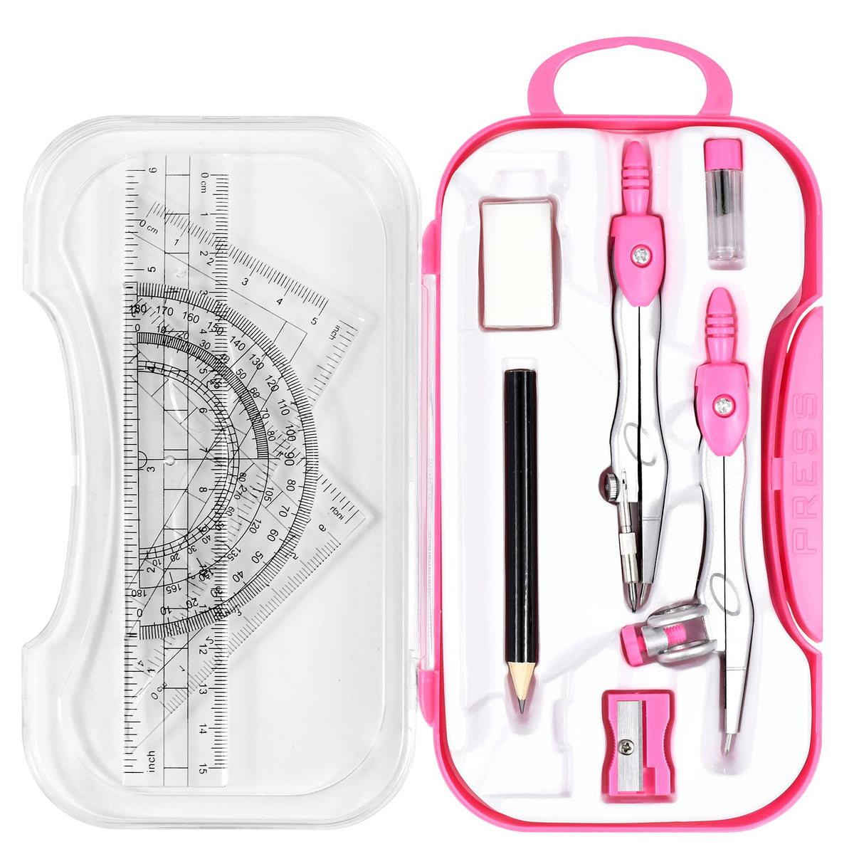 Unjoo Geometry Set 10 Pcs Student Supplies, Protractor and Compass (Blue）