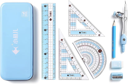 8 Pcs Compass/Math Set for Students with Shatterproof Storage Box, Geometry Set for School, Includes Ruler, Protractor, Compass, Pencil,Pencil Sharpener and Eraser,etc. Perfect Gift