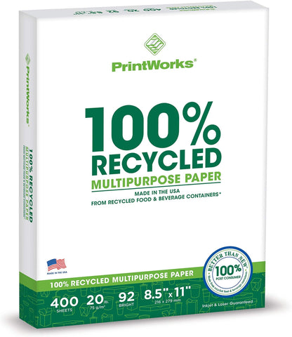 PrintWorks 100% Recycled Printer Paper 8.5" x 11" White - 20 lb Copy & Multipurpose Computer Paper - 3 Packs, 1200 Sheets - Made in the USA - 92 Bright - Printer & Copier Compatible (00018-3)