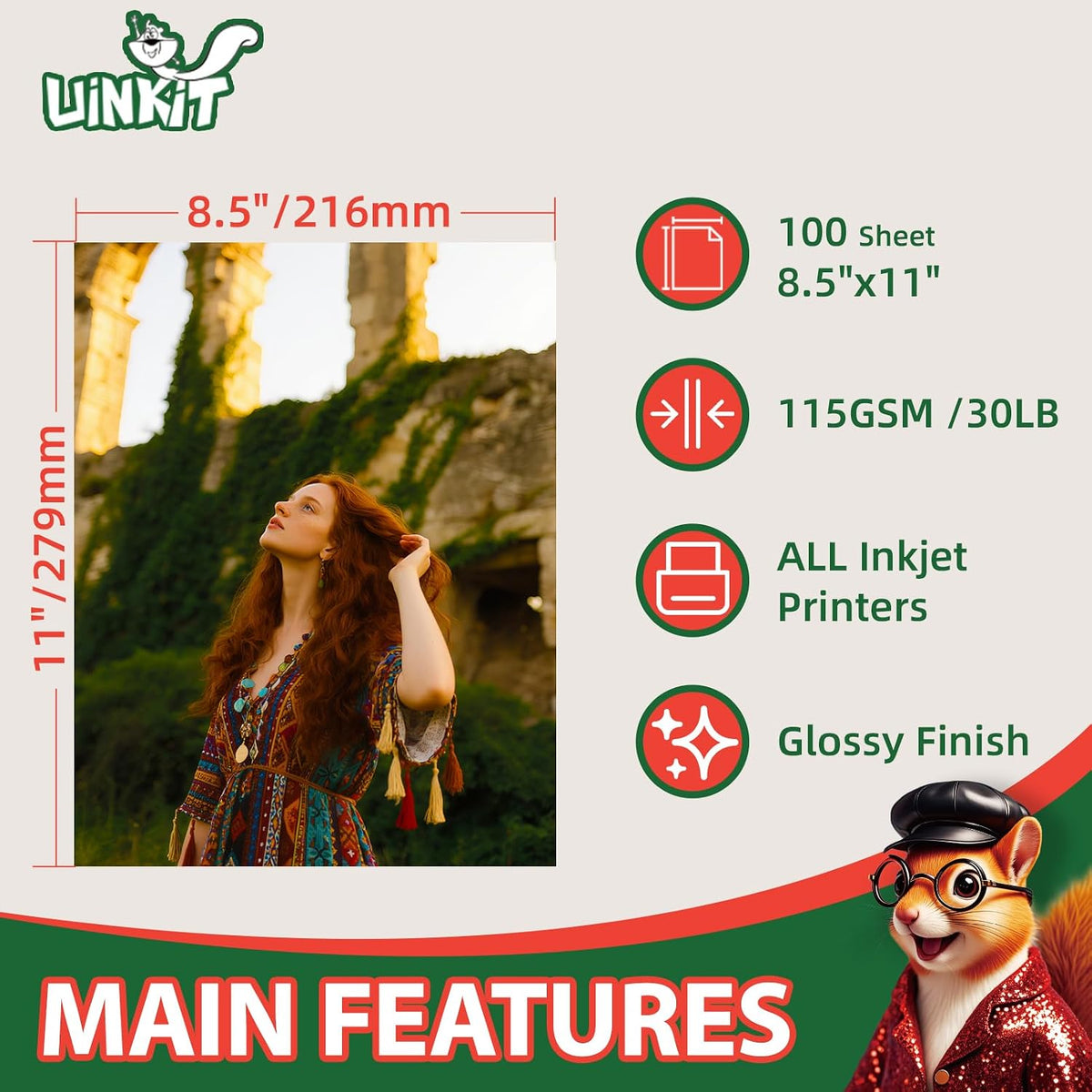 Uinkit 30lb Thin Glossy Inkjet Photo Paper, 8.5x11, 100 Sheets, 115gsm