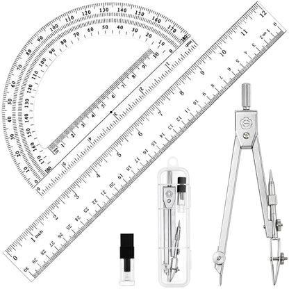 Coopay 7 Pcs Geometry Set, Clear Acrylic Ruler, Protractor and Compasses