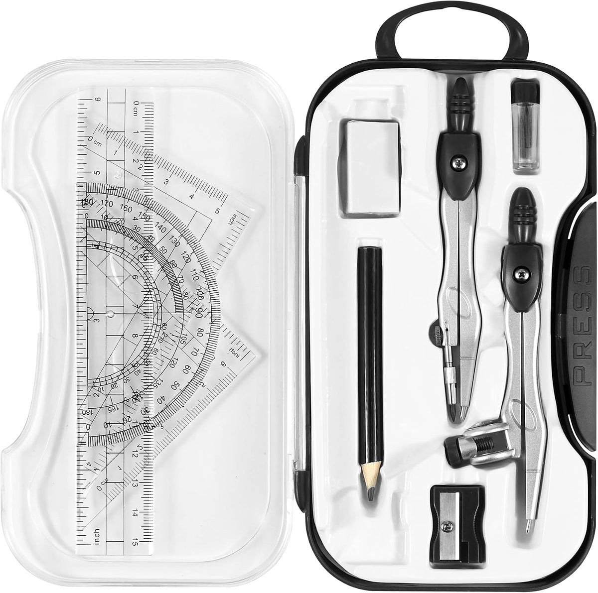 Unjoo Geometry Sets 10 Pcs Student Supplies, Protractor and Compass (Black)