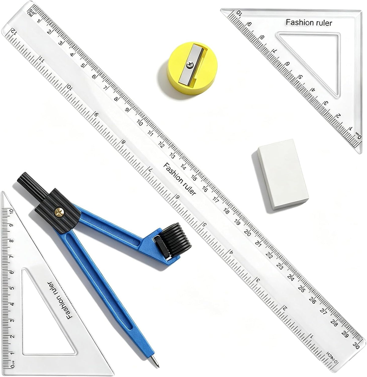 7Pcs Geometry Tool Protractor and Compass Set 12Inch Plastic Ruler