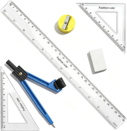 7Pcs Geometry Tool Protractor and Compass Set 12Inch Plastic Ruler