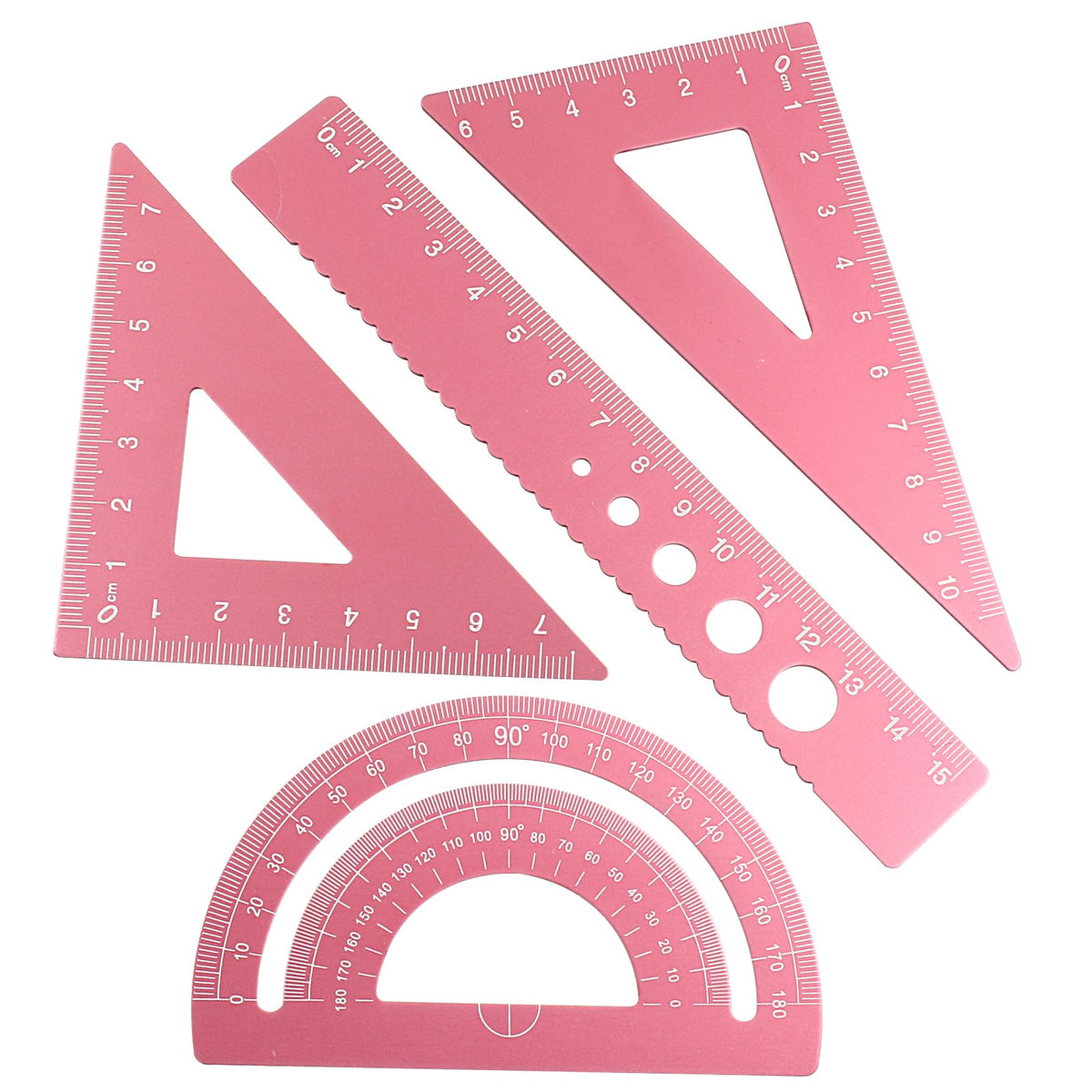 4 Pcs Triangular Ruler Set, Aluminum Alloy, Pink