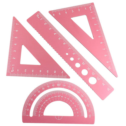 4 Pcs Triangular Ruler Set, Aluminum Alloy, Pink