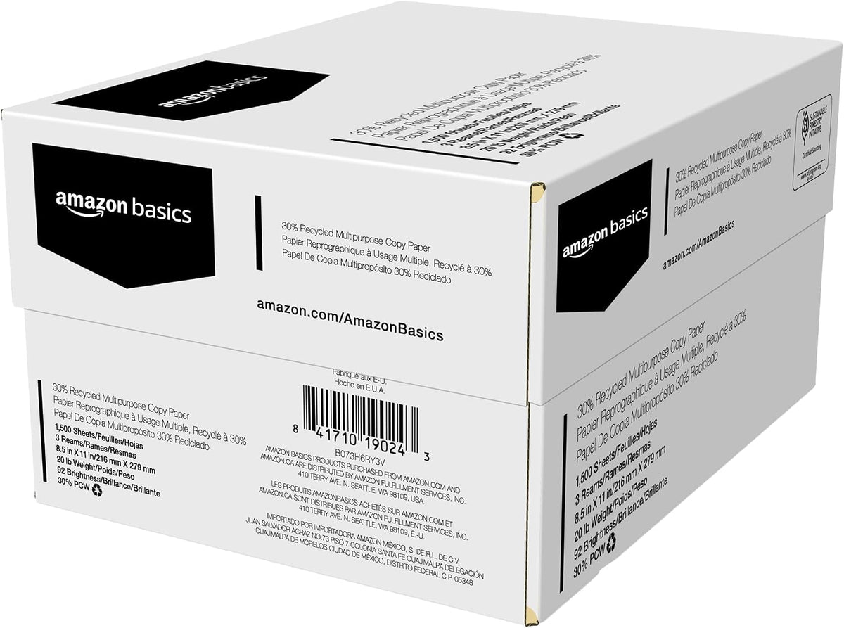 Amazon Basics 30% Recycled Multipurpose Copy & Print Paper, 8.5 x 11 Inches, 20 lb Weight, 92 Bright, White, Certified, 1500 Sheets (3 Reams)