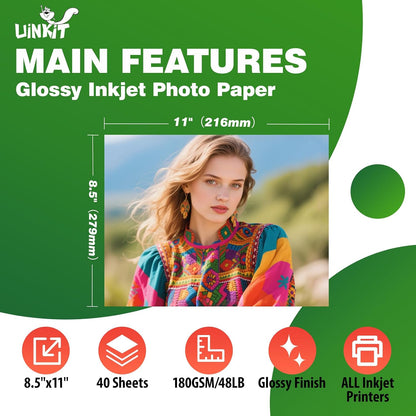 Uinkit 48lb Glossy Inkjet Photo Paper, 8.5x11, 40 Sheets, 180gsm