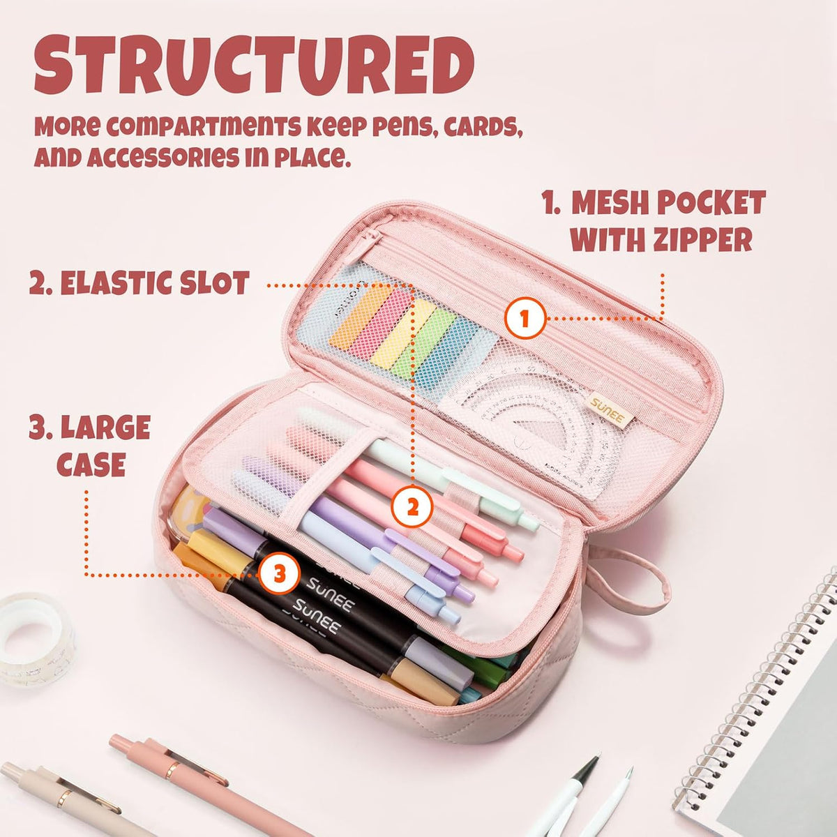SUNEE Cute Pencil Case, Large Capacity Pencil Pouch Aesthetic Zipper Pencil Bag, Big Storage Pen Organizer for Stationery, Soft Quilted Pencil Box Back to School Supplies for Teen Girls Boys,Soft Pink