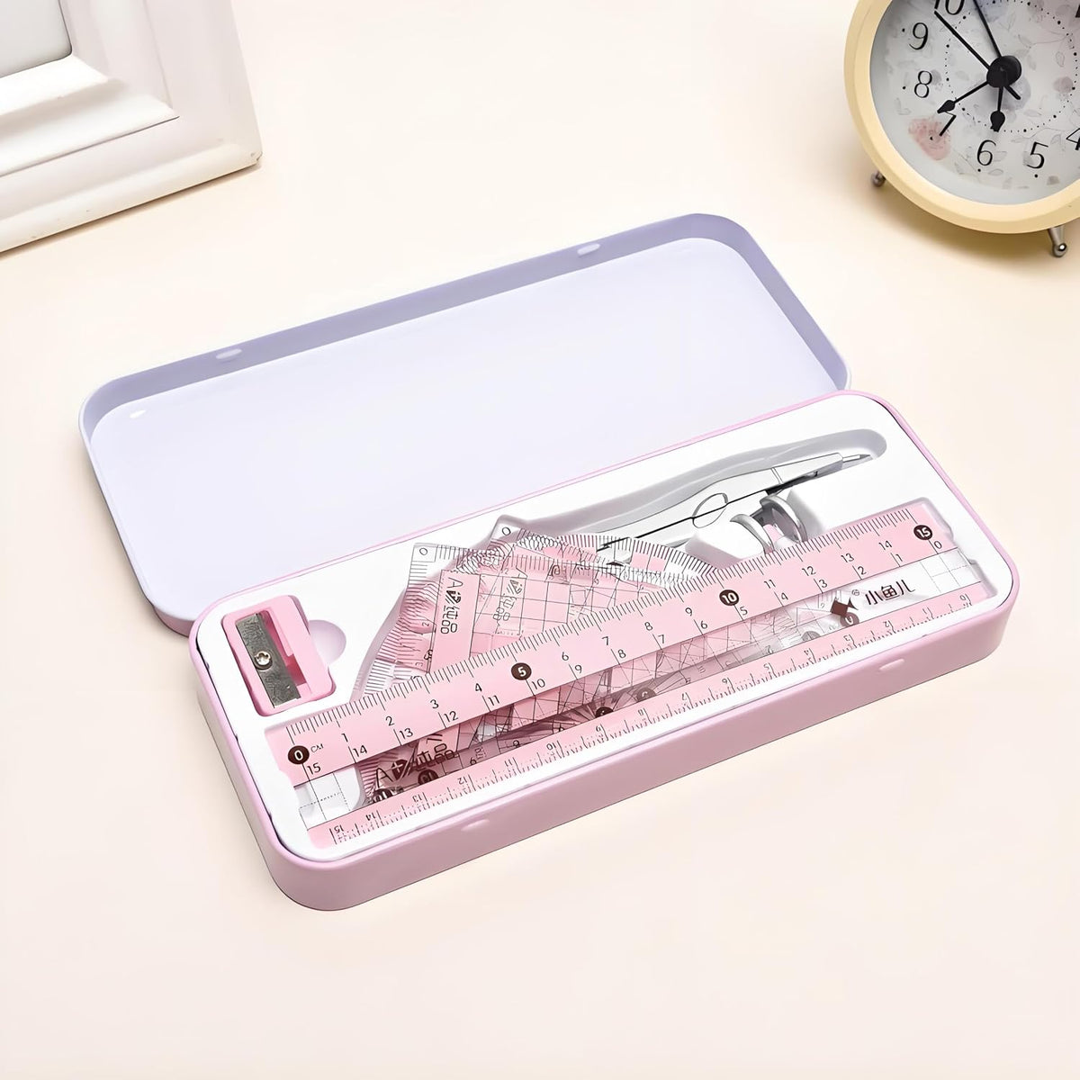 8 Pcs Compass/Math Set for Students with Shatterproof Storage Box, Geometry Set for School, Includes Ruler, Protractor, Compass, Pencil,Pencil Sharpener and Eraser,etc. Perfect Gift (Pink)